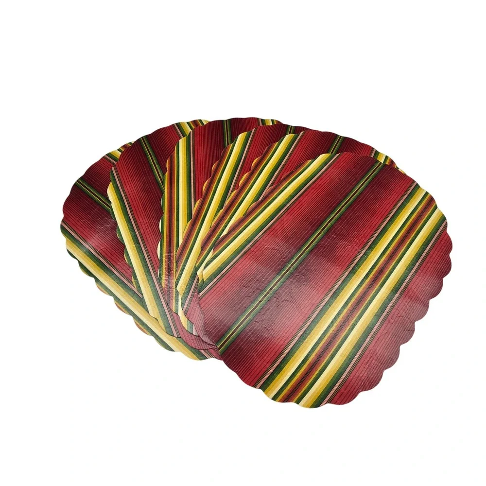 Vintage 90s Y2KPlacemats Set of 4 Red Green Gold Striped Vinyl Damask Decor